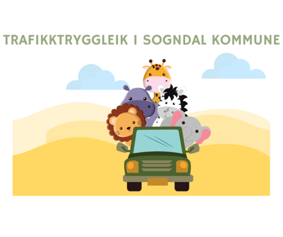 Ei teiking av dyr som køyer ein bil og teksten "Trafikktryggleik i Sogndal kommune"