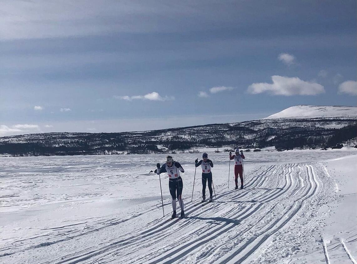 Fra rett etter starten på Narsjøen (fra v.) Pauline Sjøvold, Ragnhild Bolstad og Einar Femundshytten Nyvoll. (Foto: Marit Haugen)