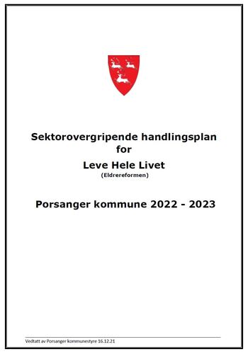 Forsidebilde for Leve Hele Livet i Porsanger kommune. Med logoen til Porsanger kommune og teksten Sektorovergripende handlingsplan for Leve hele livet.