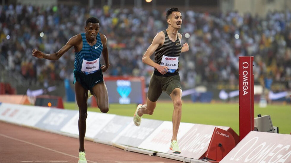 Bare en hundredel skilte Lamecha Girma og Soufiane El Bakkali i mål på 3000 m hinder. Den olympiske mestereren fra Marokko var sterkest også denne gangen. (Foto: arrangøren) 