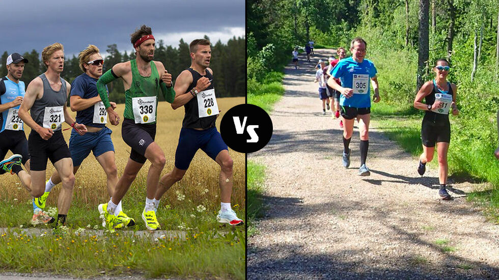 Et fint og ikke minst raskt knippe løpere til venstre. På jakt etter rekorder i Perseløpet. (Foto: Bjørn Hytjanstorp). Til høyre er blide løpere på vei gjennom skogen i Nordmarka Skogsmaraton (Foto: Marianne Røhme)