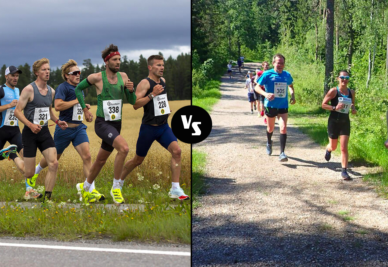 Et fint og ikke minst raskt knippe løpere til venstre. På jakt etter rekorder i Perseløpet. (Foto: Bjørn Hytjanstorp). Til høyre er blide løpere på vei gjennom skogen i Nordmarka Skogsmaraton (Foto: Marianne Røhme)