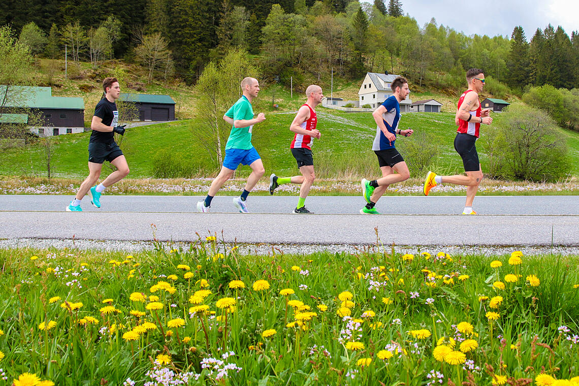 Løypen for halvmaraton i Åsaneløpet går i landlige omgivelser innover mot Gaupås. Her er Inge Magnar Hauståker i front for en gruppe på halvmaraton. (Alle foto: Arne Dag Myking)