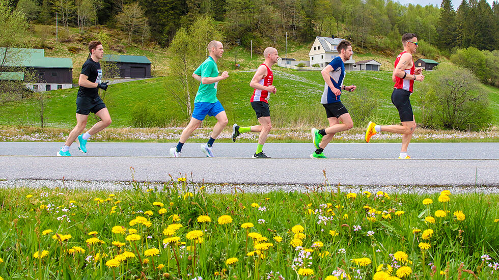 Løypen for halvmaraton i Åsaneløpet går i landlige omgivelser innover mot Gaupås. Her er Inge Magnar Hauståker i front for en gruppe på halvmaraton. (Alle foto: Arne Dag Myking)