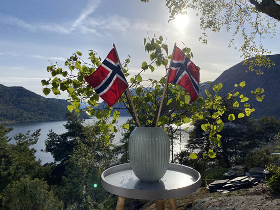 Flagg og bjørkeris på eit bord med utsyn mot fjell og fjord