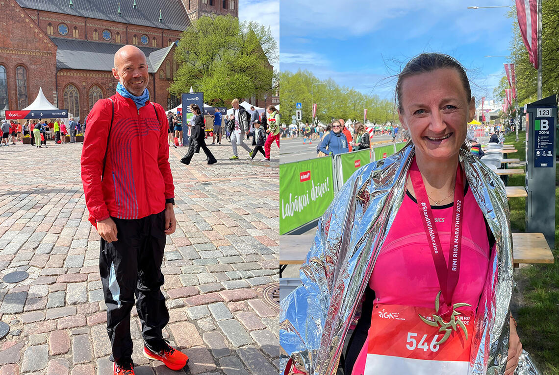 Kristian Hoel løp maraton på 3.09.53 i Riga, mens Karianne Haugen debuterte på distansen med en solid 29. plass totalt og nr. 2 i klassen 45-49 år på tiden 3.43.31. (Foto: privat)