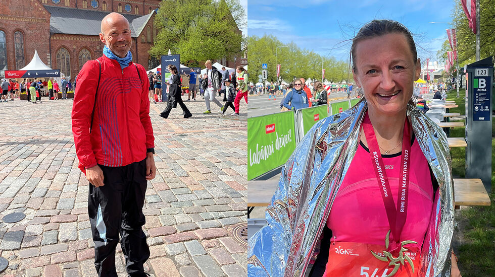 Kristian Hoel løp maraton på 3.09.53 i Riga, mens Karianne Haugen debuterte på distansen med en solid 29. plass totalt og nr. 2 i klassen 45-49 år på tiden 3.43.31. (Foto: privat)