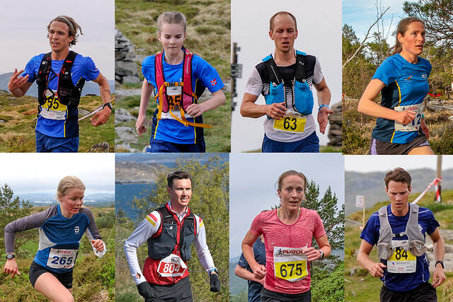Noen av favorittene i årets Bergen Fjellmaraton: Anders Sommer, Selma Eldevik, Lorentz Erland Linde, Charlotte Watson, Hilde Fenne, Espen Kristiansen, Sara-Rebekka Færø Linde og Espen Roll Karlsen. (Foto og montasje: Arne Dag Myking)