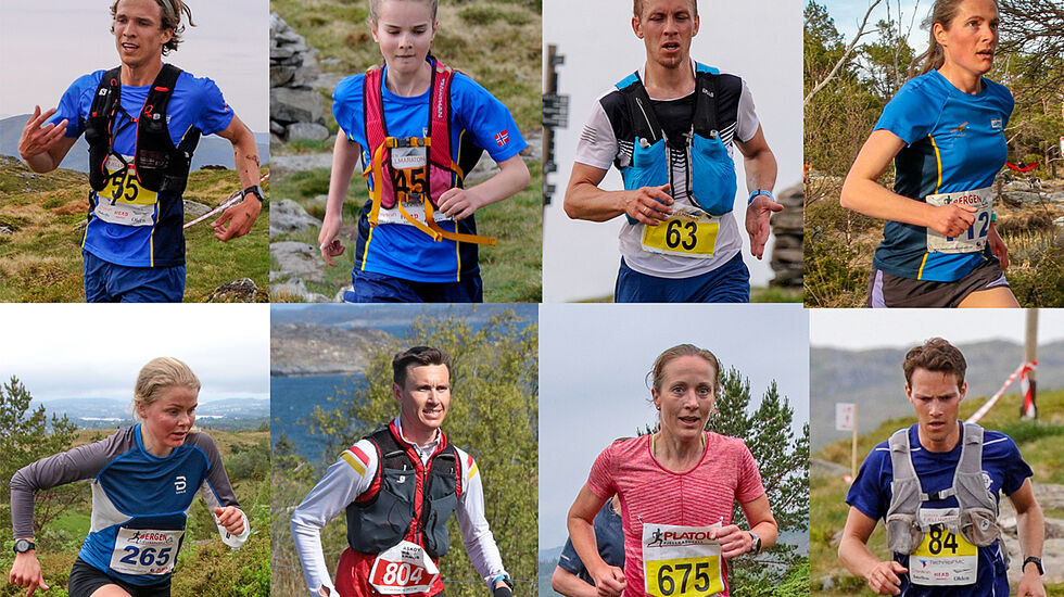 Noen av favorittene i årets Bergen Fjellmaraton: Anders Sommer, Selma Eldevik, Lorentz Erland Linde, Charlotte Watson, Hilde Fenne, Espen Kristiansen, Sara-Rebekka Færø Linde og Espen Roll Karlsen. (Foto og montasje: Arne Dag Myking)