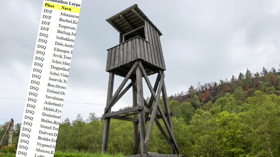 Alle løperne står oppført med enten brutt eller disk i resultatlistene. Her klippet inn i et bilde av et av vaktårnene på Espeland Fangeleir. (Alle foto: Arne Dag Myking)