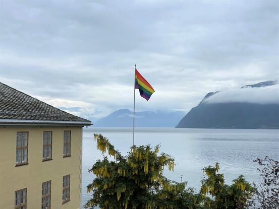 Prideflagg med utsyn over fjord og fjell