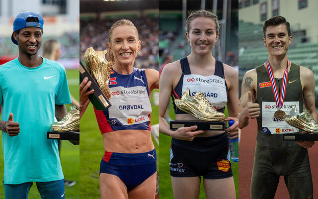 Abdullahi Dahir Rabi, Karoline Bjerkeli Grøvdal, Ingeborg Østgård og Jakob Ingebrigtsen fikk alle overrakt Kondis' gullsko som symbol på at de var fjorårets beste norske langdistanseløpere. (Foto: Samuel Hafsahl)