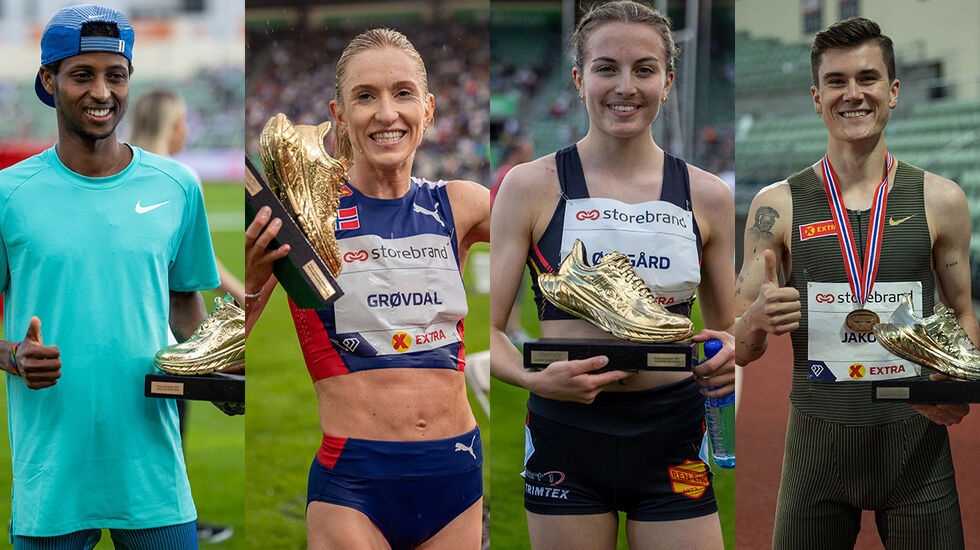Abdullahi Dahir Rabi, Karoline Bjerkeli Grøvdal, Ingeborg Østgård og Jakob Ingebrigtsen fikk alle overrakt Kondis' gullsko som symbol på at de var fjorårets beste norske langdistanseløpere. (Foto: Samuel Hafsahl)