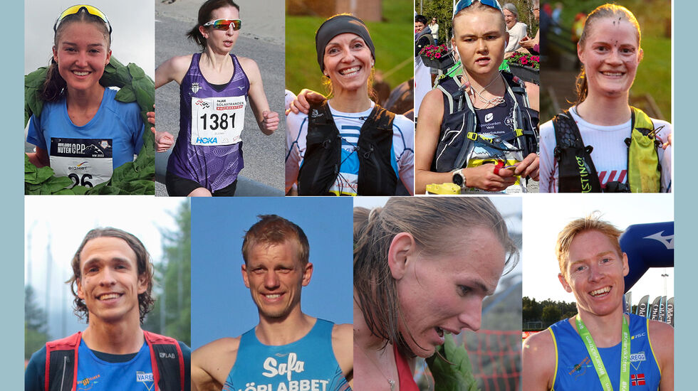 Disse er tatt ut til det norske laget som sendes til motbakke-EM: Ida Waldal, Annie Bersagel, Anita Iversen Lilleskare, Nora Markhus, Ingvild Sangesland. Anders Jacobsen Sommer, Joel Dyrhovden, Stian Dahl Sommerseth og Halfdan Emil Færø. (Fotomontasje: Arne Dag Myking)