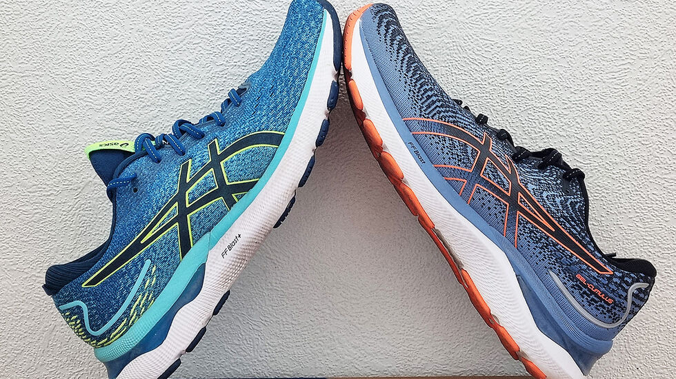Asics Nimbus (til venstre) og Asics Cumulus har nå begge kommet i versjon 24. Modellene er temmelig like, men har likevel litt ulikt bruksområde. (Foto: Bjørn Johannessen)