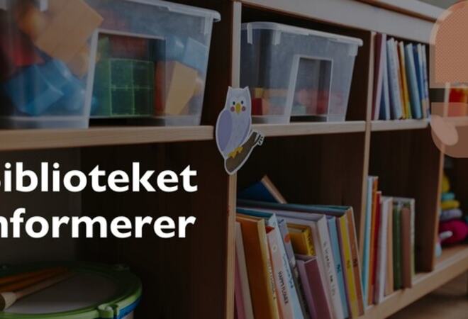 Bokhyller med barnebøker. Tekst