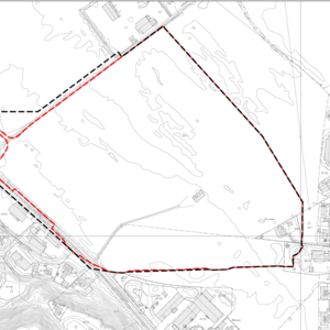 Planutvidelse for detaljreguleringsplan Gimsøya vist i svart, opprinnelig planavgrensning vist i rødt