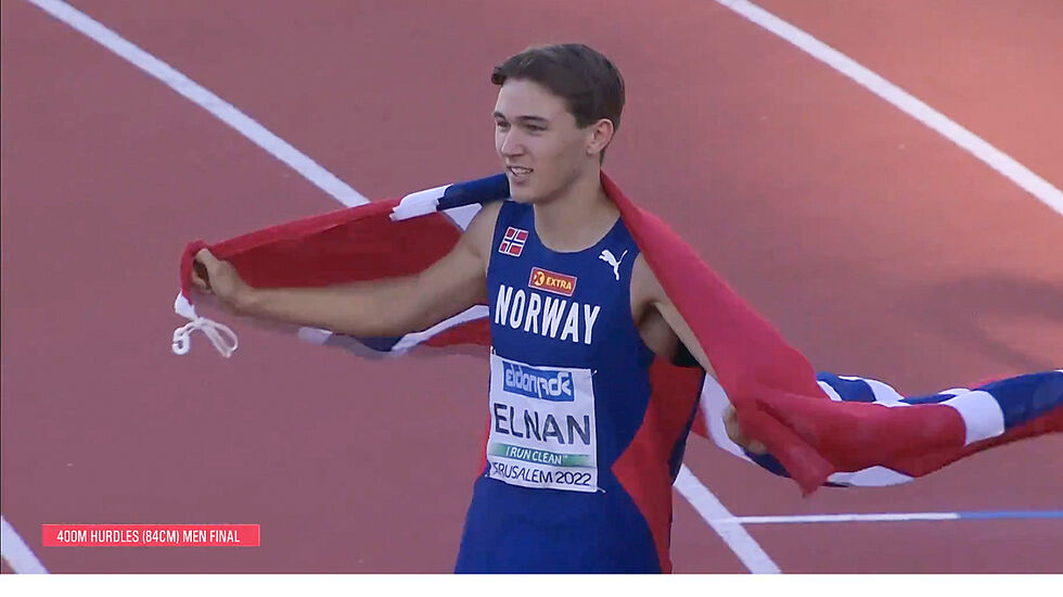 Bastian Elnan Aurstad kan juble over EM-gull. (Foto: European Athletics streaming).