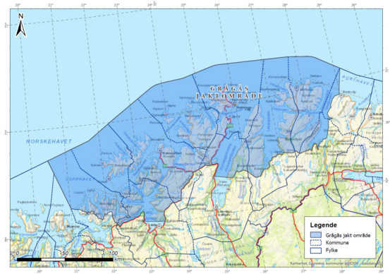 Kart med jaktområde for Grågås i Finnmark og Porsanger