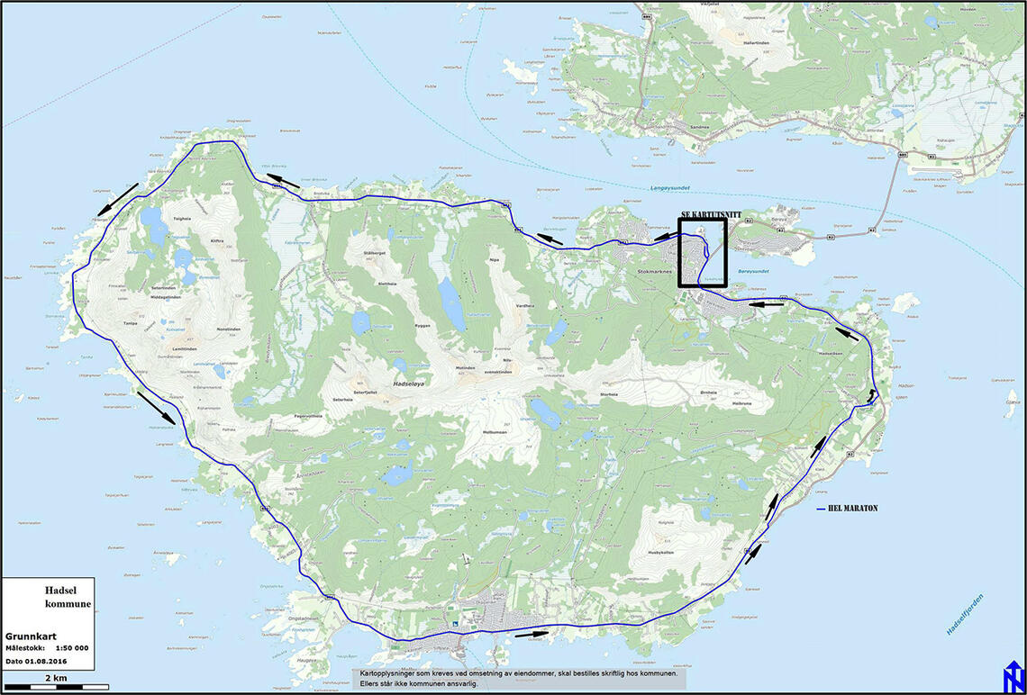 Helmaratonløypa i Hadsel Maraton følger kystlinja rundt øya.