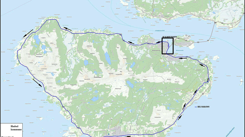 Helmaratonløypa i Hadsel Maraton følger kystlinja rundt øya.