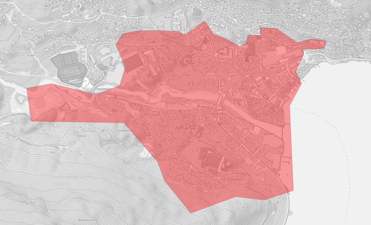 Kart som syner av ca 800 abonnentar i Sogndal sentrum er råka av vasstenginga.