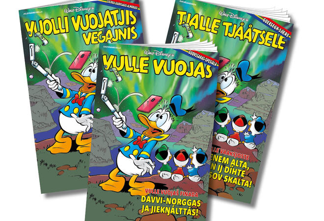 Bilde: Donald Duck på tre samiske språk: nordsamisk, lulesamisk og sørsamisk
