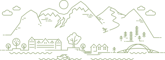 Illustrasjon som syner fjell og fjord og landemerke i Sogndal kommune