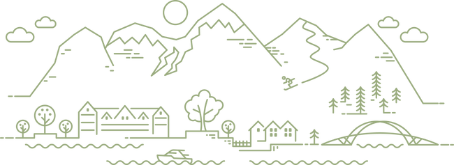 Illustrasjon som syner fjell og fjord, og landemerke i Sogndal kommune.