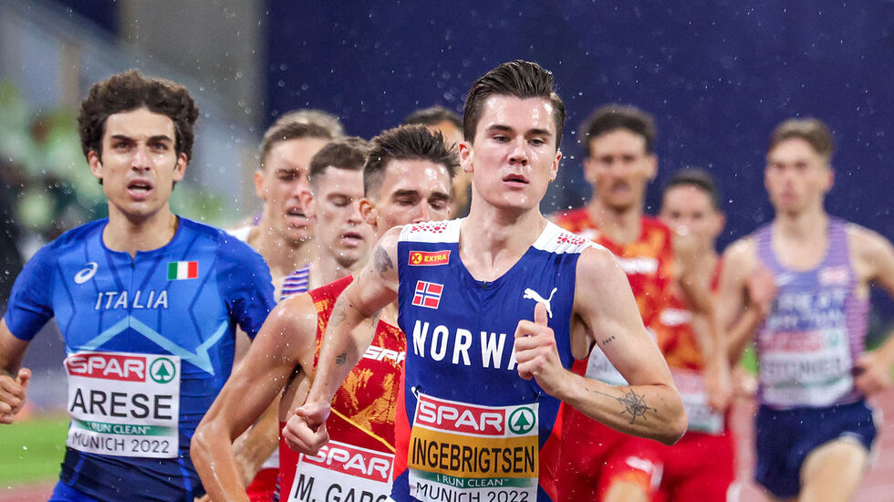 Her ser vi Jakob Ingebrigtsen under 1500-meterfinalen som han vant i EM for en uke siden. (Foto: Arne Dag Myking)