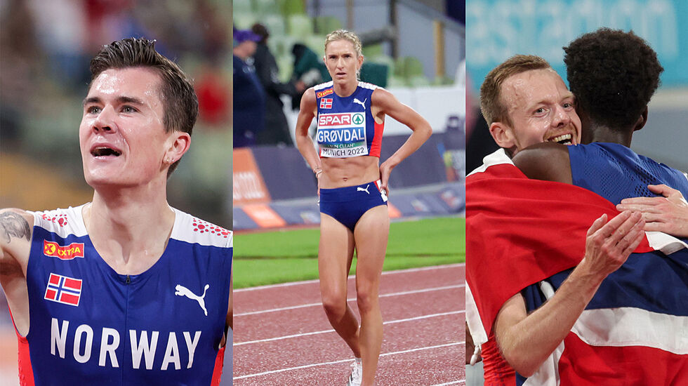 Jakob Ingebrigtsens to gullmedaljer var noen av de norske høydepunktene i EM, og at Karoline Bjerkeli Grøvdal måtte bryte på 5000 meter var en stor skuffelse. Zerei Kbrom Mezngis sølvmedalje var den mest positive overraskelsen. (Alle foto: Arne Dag Myking)