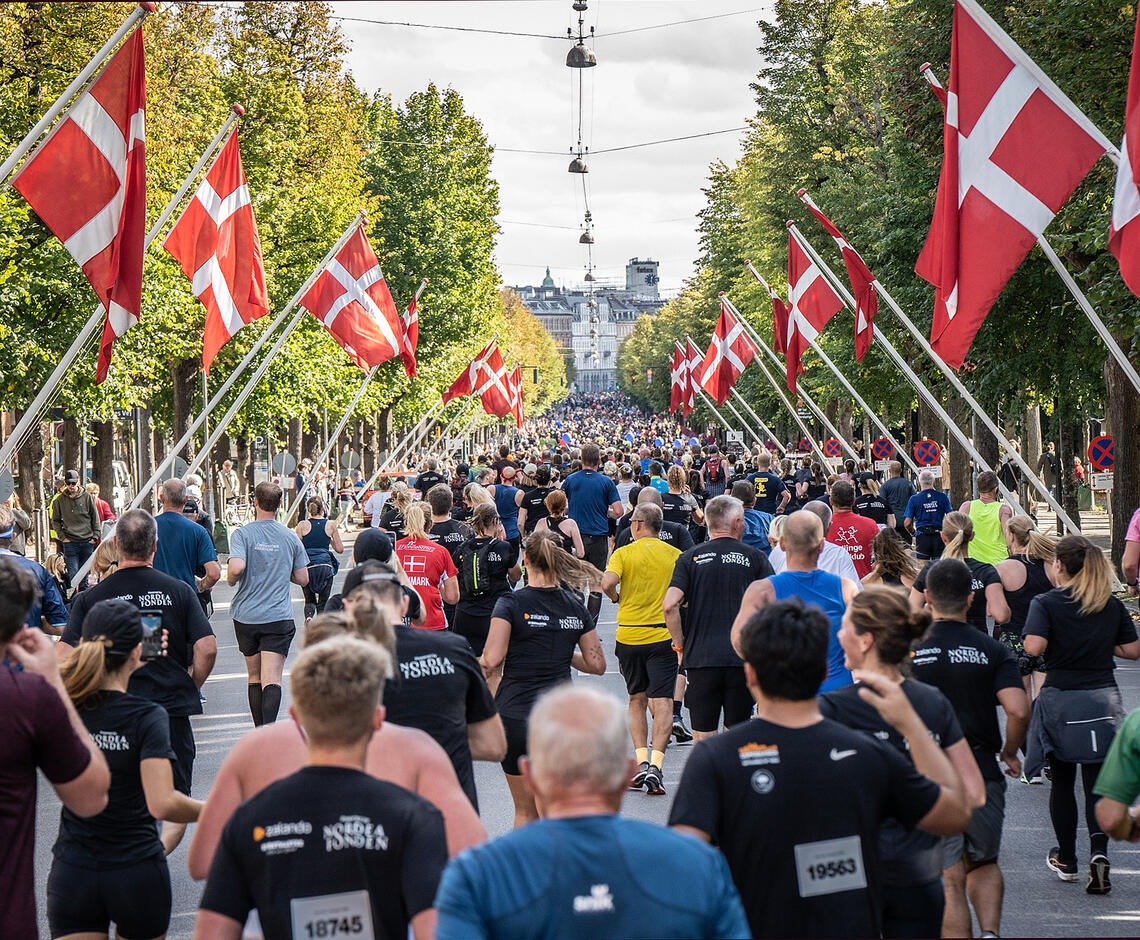 Flaggborg: Flaggene i Fredriksberg Allè står ved 9 km-merket og i enden av gaten passerer løperne 10 km. (Foto: arrangøren)