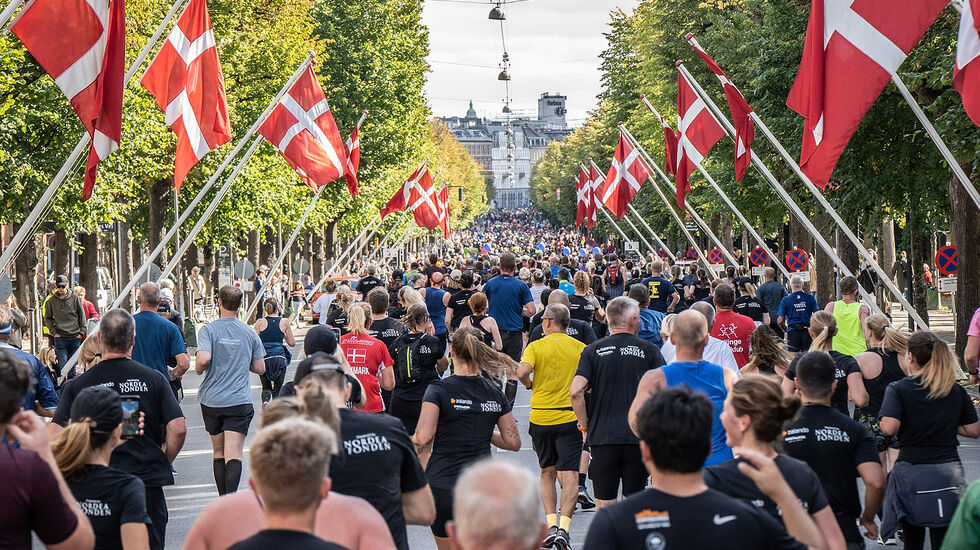 Flaggborg: Flaggene i Fredriksberg Allè står ved 9 km-merket og i enden av gaten passerer løperne 10 km. (Foto: arrangøren)