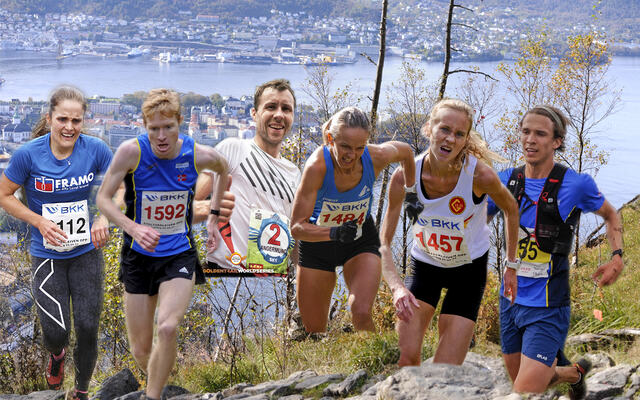 Emma Julie Dyrhovden, Halfdan E. Færø, Stian Angermund, Anita Iversen Lilleskare, Karoline Finne og Anders Sommer har alle kapasitet til å vinne Stoltzekleiven Opp. (Fotomontasje: Arne Dag Myking).