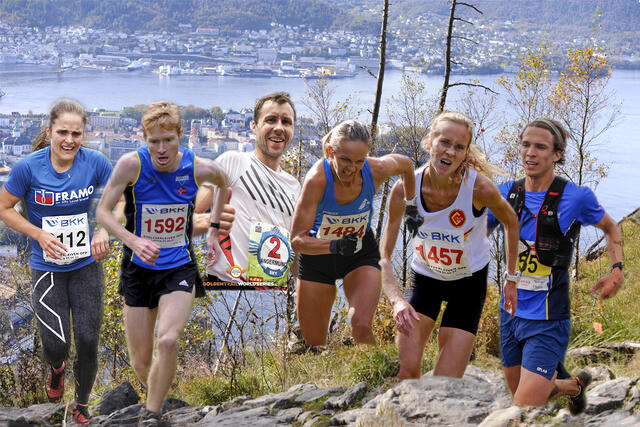 Emma Julie Dyrhovden, Halfdan E. Færø, Stian Angermund, Anita Iversen Lilleskare, Karoline Finne og Anders Sommer har alle kapasitet til å vinne Stoltzekleiven Opp. (Fotomontasje: Arne Dag Myking).