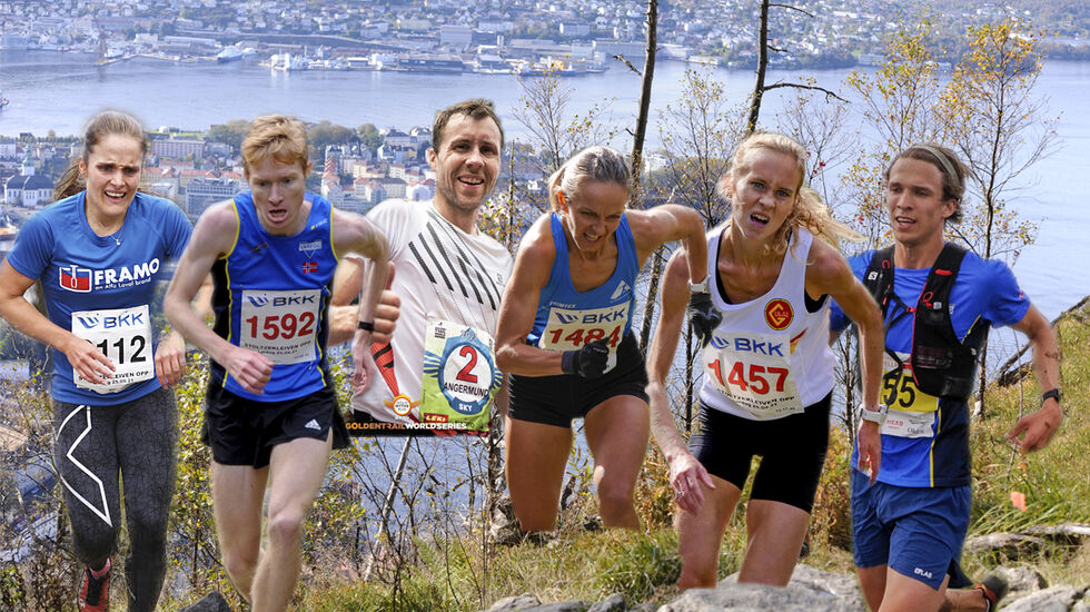 Emma Julie Dyrhovden, Halfdan E. Færø, Stian Angermund, Anita Iversen Lilleskare, Karoline Finne og Anders Sommer har alle kapasitet til å vinne Stoltzekleiven Opp. (Fotomontasje: Arne Dag Myking).
