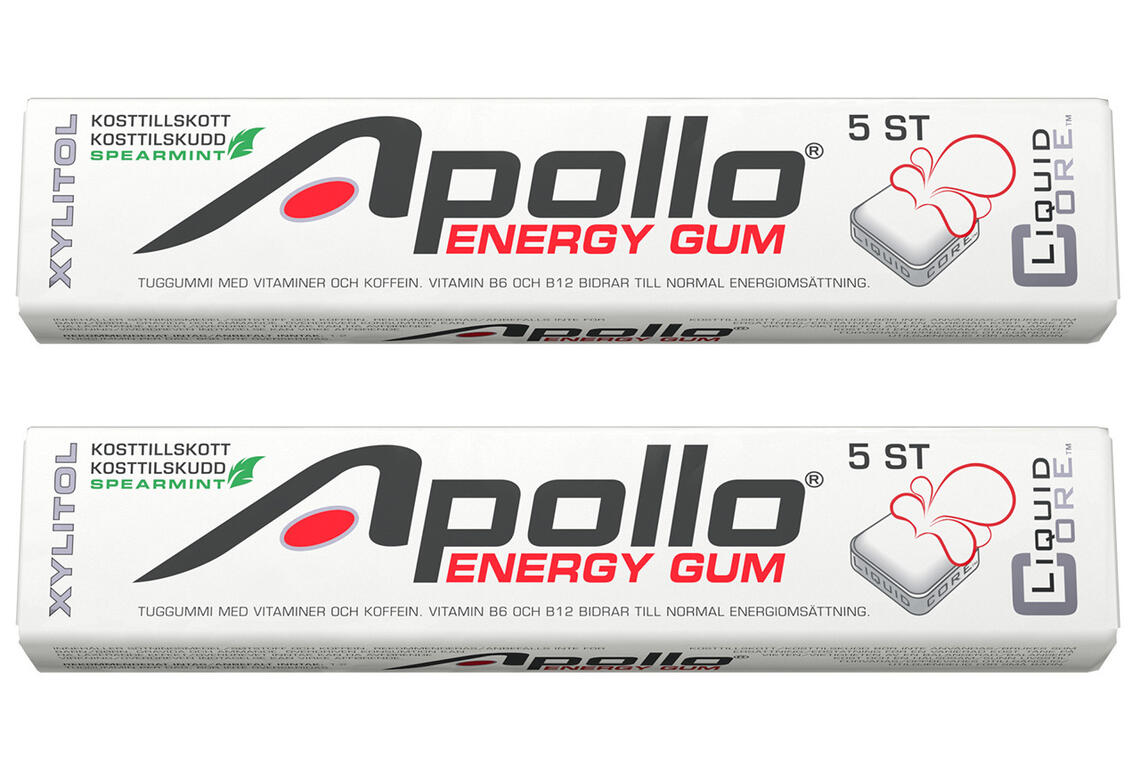Apollo Energityggegummi inneholder 80 mg koffein - noe som tilsvarer ca. 2 dl kokemalt kaffe eller 250 ml Red Bull. (Foto: produsenten)