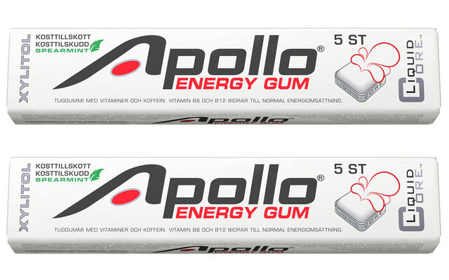 Apollo Energityggegummi inneholder 80 mg koffein - noe som tilsvarer ca. 2 dl kokemalt kaffe eller 250 ml Red Bull. (Foto: produsenten)