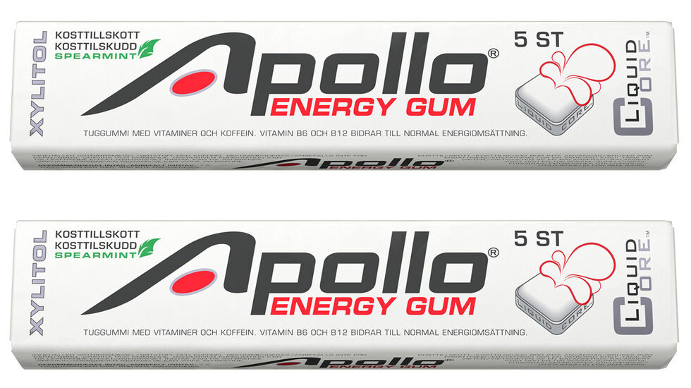 Apollo Energityggegummi inneholder 80 mg koffein - noe som tilsvarer ca. 2 dl kokemalt kaffe eller 250 ml Red Bull. (Foto: produsenten)