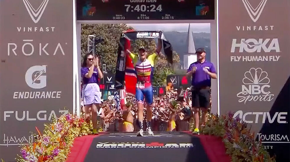 Gustav Iden er verdensmester i Ironman. (Foto: Skjermdump fra arrangørens LIVE-stream)