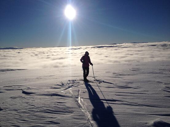 Person på skitur over skyene/skodda i strålande sol.