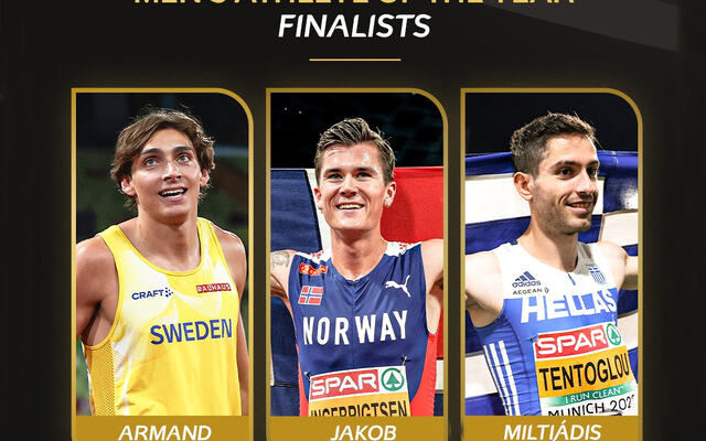 Stavopper Armand Duplantis, distanseløper Jakob Ingebrigtsen og lengdehopper Miltiadis Tentoglou er de tre finalistene i kåringen. (Foto: Det europeiske friidrettsforbundet)