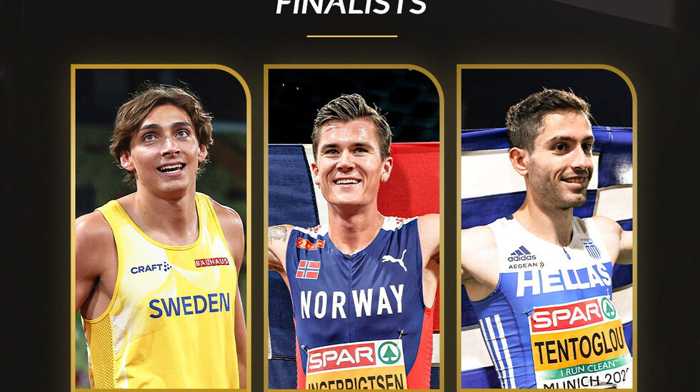 Stavopper Armand Duplantis, distanseløper Jakob Ingebrigtsen og lengdehopper Miltiadis Tentoglou er de tre finalistene i kåringen. (Foto: Det europeiske friidrettsforbundet) 