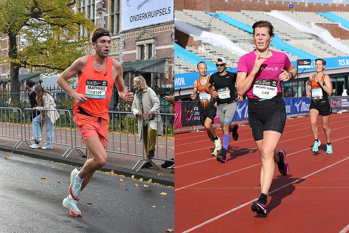 Mathias Sæten og Ingrid Lunde Steen ble beste mann og kvinne blant de mange norske løperne som hadde tatt turen til Amsterdam Marathon. (Foto: Marathon Photos)