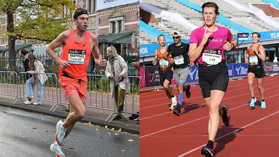 Mathias Sæten og Ingrid Lunde Steen ble beste mann og kvinne blant de mange norske løperne som hadde tatt turen til Amsterdam Marathon. (Foto: Marathon Photos)