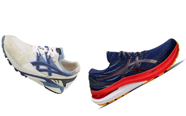 Første og siste modell: Det har vært en viss utvikling fra Asics Gel Kayano nr. 1 (til venstre) til nr. 29, og i det store og hele har utviklingen vært til det bedre. (Foto: Asics)