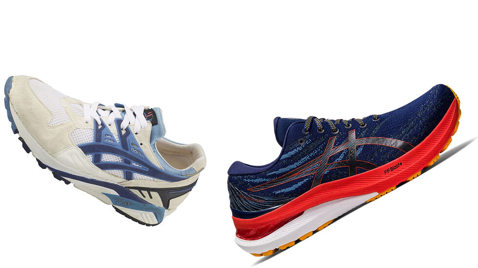 Første og siste modell: Det har vært en viss utvikling fra Asics Gel Kayano nr. 1 (til venstre) til nr. 29, og i det store og hele har utviklingen vært til det bedre. (Foto: Asics)