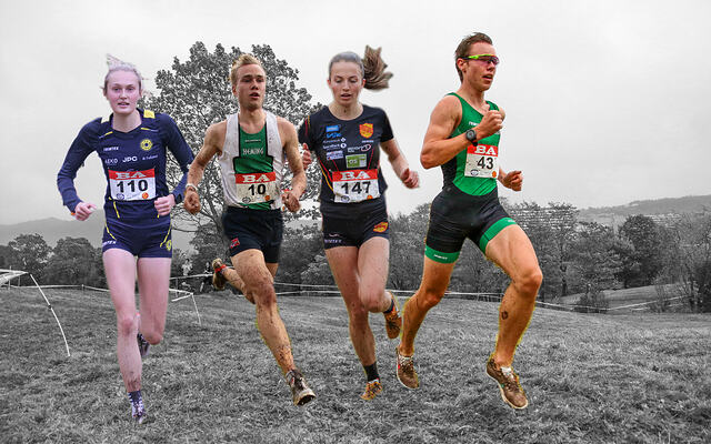 Kan noen av disse skaffe norske gullmedaljer under Nordisk mesterskap i terrengløp: Kristine Meinert Rød, Kasper Fosser, Ingeborg Østgård og Vebjørn Hovdejord? (Foto og fotomontasje: Arne Dag Myking)