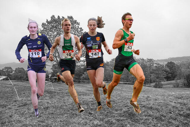 Kan noen av disse skaffe norske gullmedaljer under Nordisk mesterskap i terrengløp: Kristine Meinert Rød, Kasper Fosser, Ingeborg Østgård og Vebjørn Hovdejord? (Foto og fotomontasje: Arne Dag Myking)