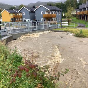 Flom i Kaldvella i juni i år. Foto: Melhus kommune.